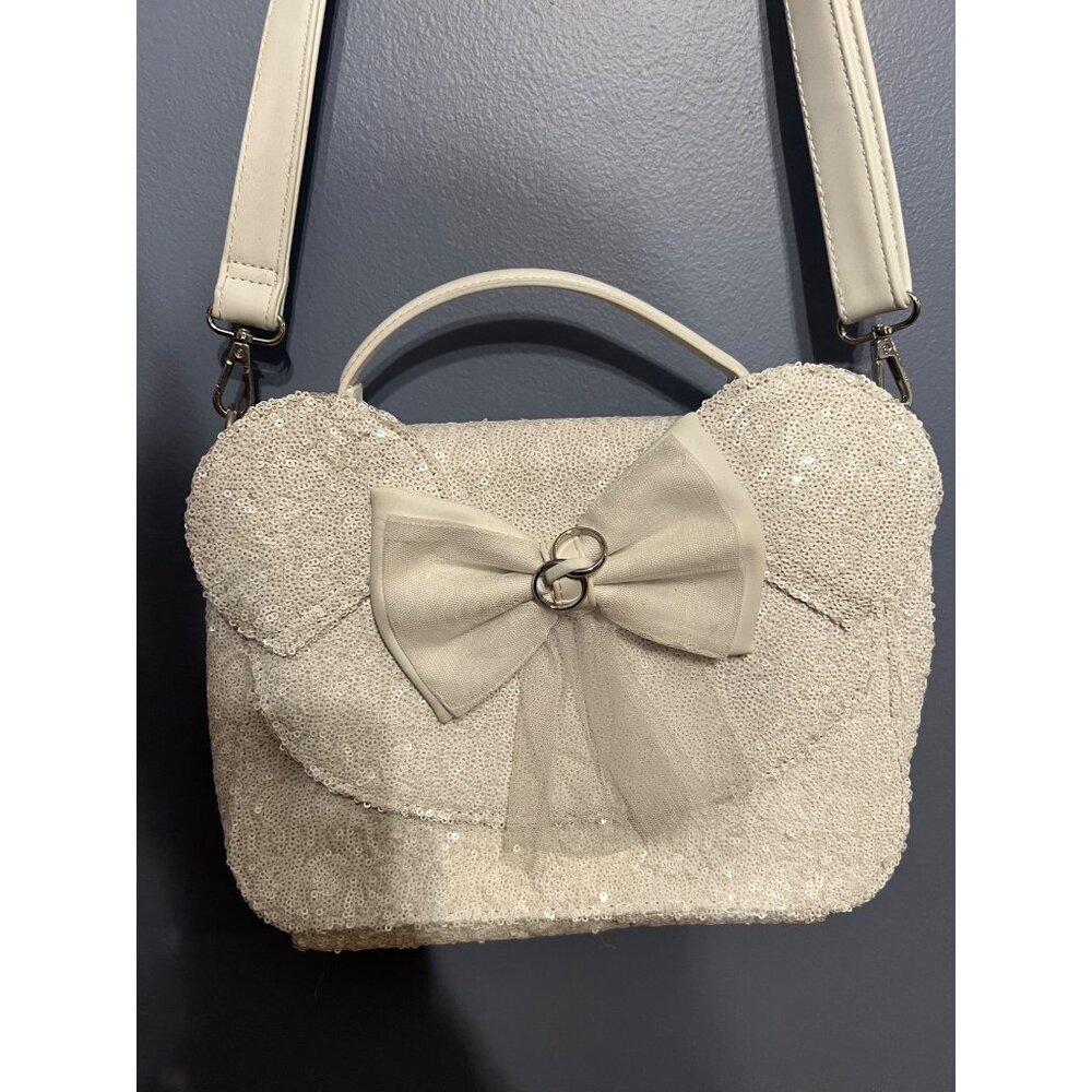 Loungefly Disney Minnie‎ Mouse White Sequin Wedding Crossbody Purse W Ring Bow - Picture 2 of 16